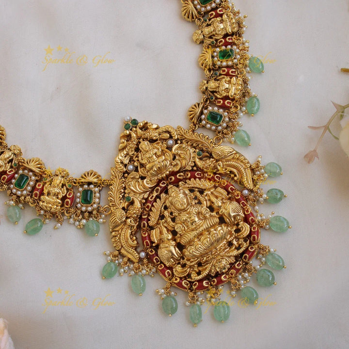 Gorgeous Lakshmi carved long necklace with pearls coral emerald and green beads - Sparkle and Glow