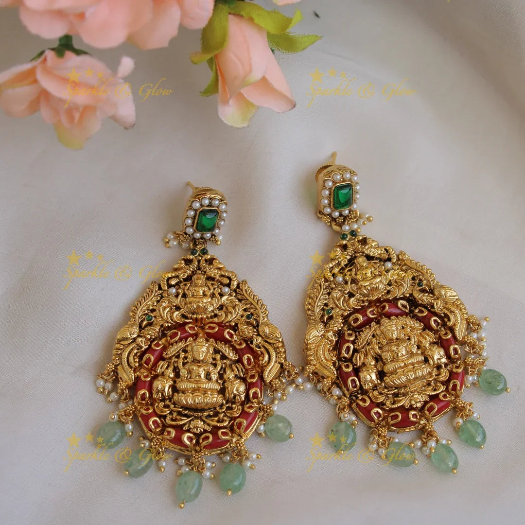 Gorgeous Lakshmi carved long necklace with pearls coral emerald and green beads - Sparkle and Glow