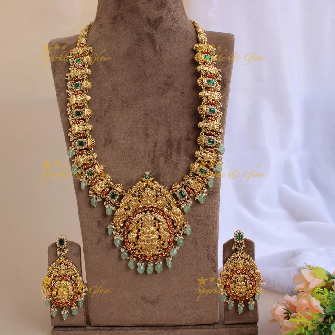 Gorgeous Lakshmi carved long necklace with pearls coral emerald and green beads - Sparkle and Glow