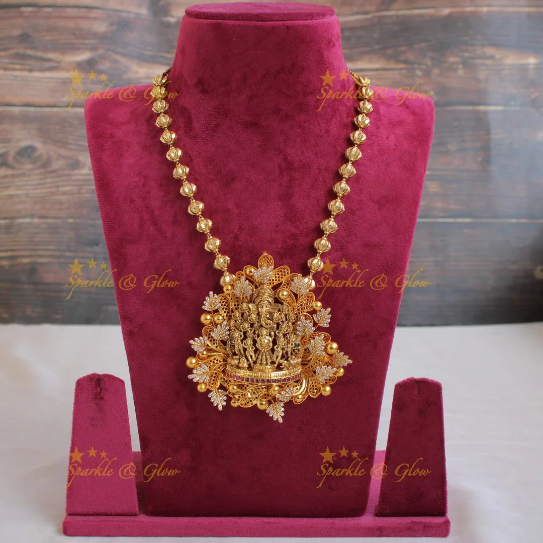 Gold Alike Intricate Ganesha carved pendent with chain with CZ stones - Sparkle and Glow