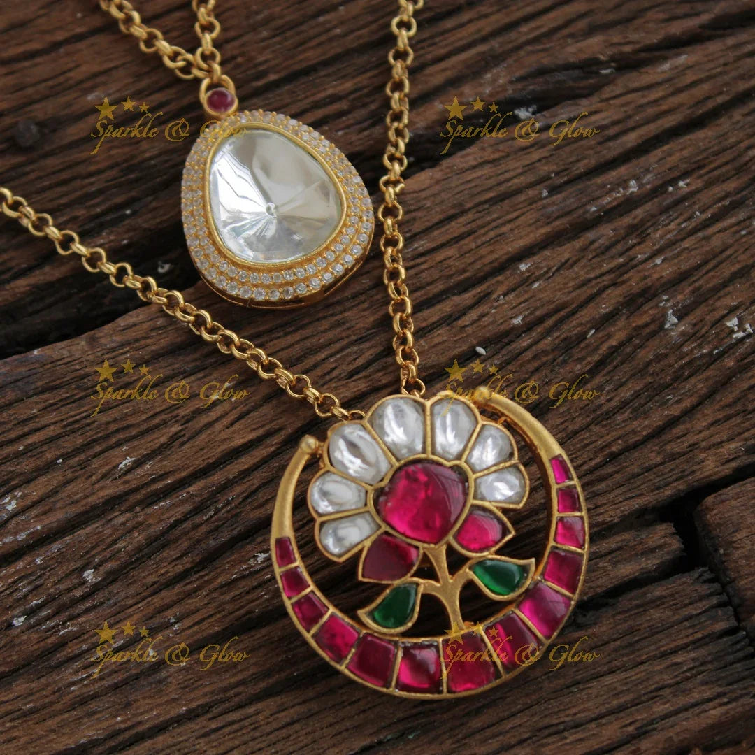 Elegant Half moon Floral jadau two layer pendent with chain with CZ stones - Sparkle and Glow
