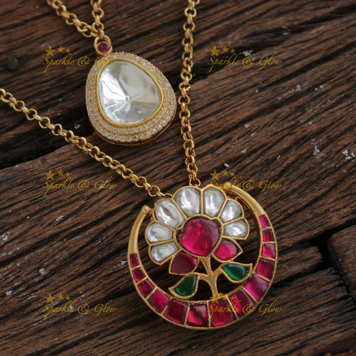 Elegant Half moon Floral jadau two layer pendent with chain with CZ stones - Sparkle and Glow