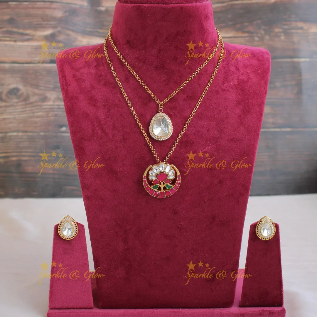 Elegant Half moon Floral jadau two layer pendent with chain with CZ stones - Sparkle and Glow