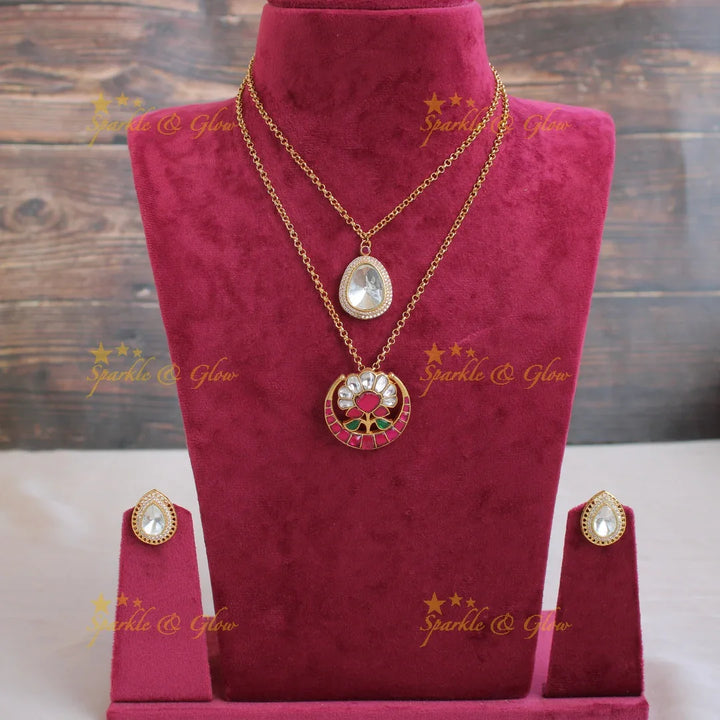 Elegant Half moon Floral jadau two layer pendent with chain with CZ stones - Sparkle and Glow