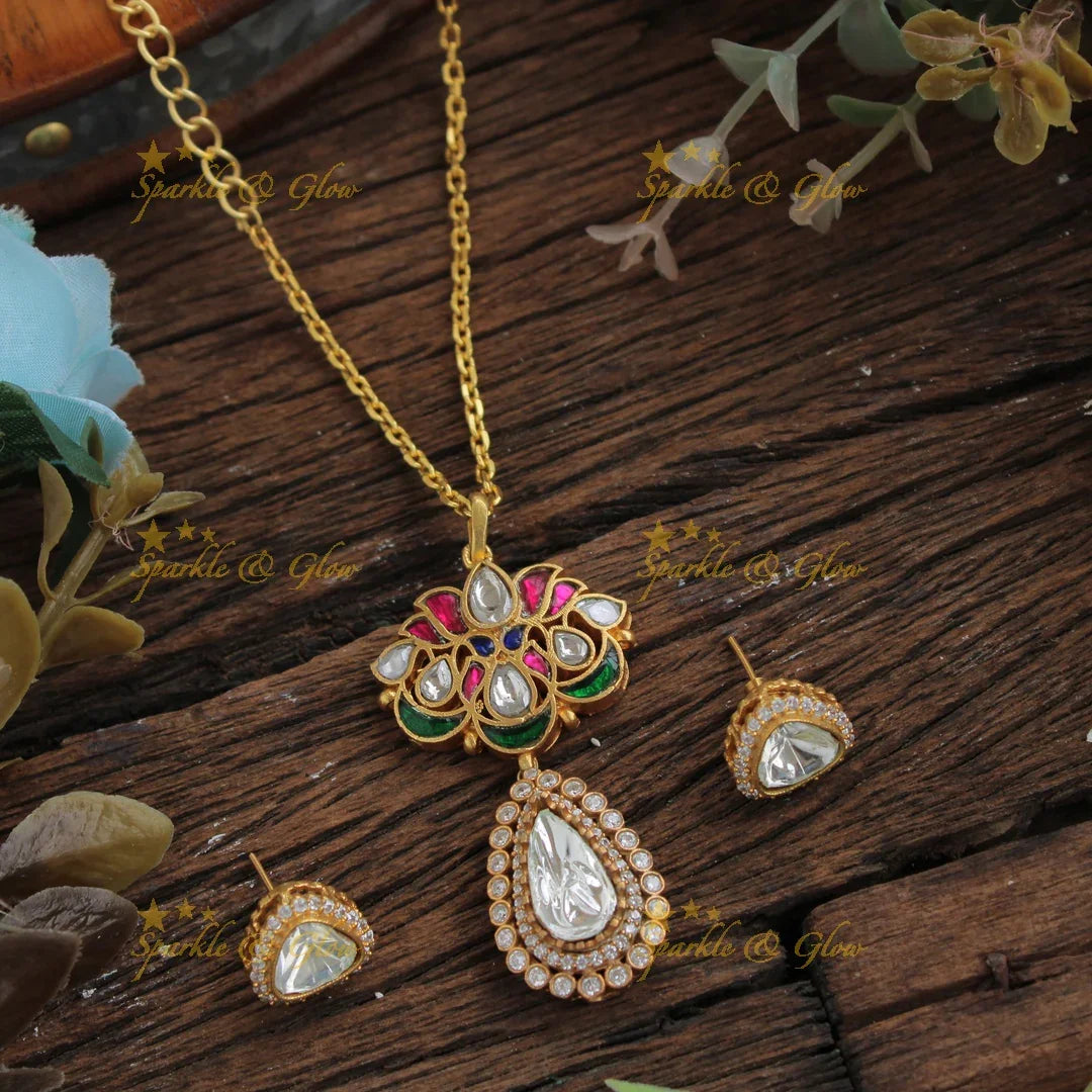 Statement Lotus jadau pendent with chain with CZ stones - Sparkle and Glow