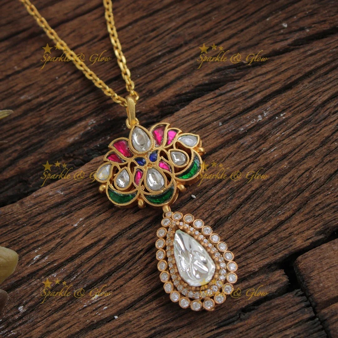 Statement Lotus jadau pendent with chain with CZ stones - Sparkle and Glow