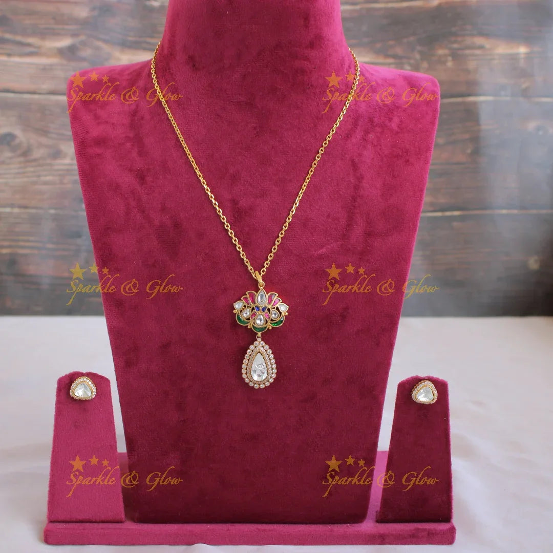 Statement Lotus jadau pendent with chain with CZ stones - Sparkle and Glow