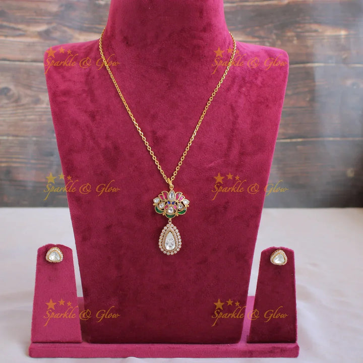 Statement Lotus jadau pendent with chain with CZ stones - Sparkle and Glow