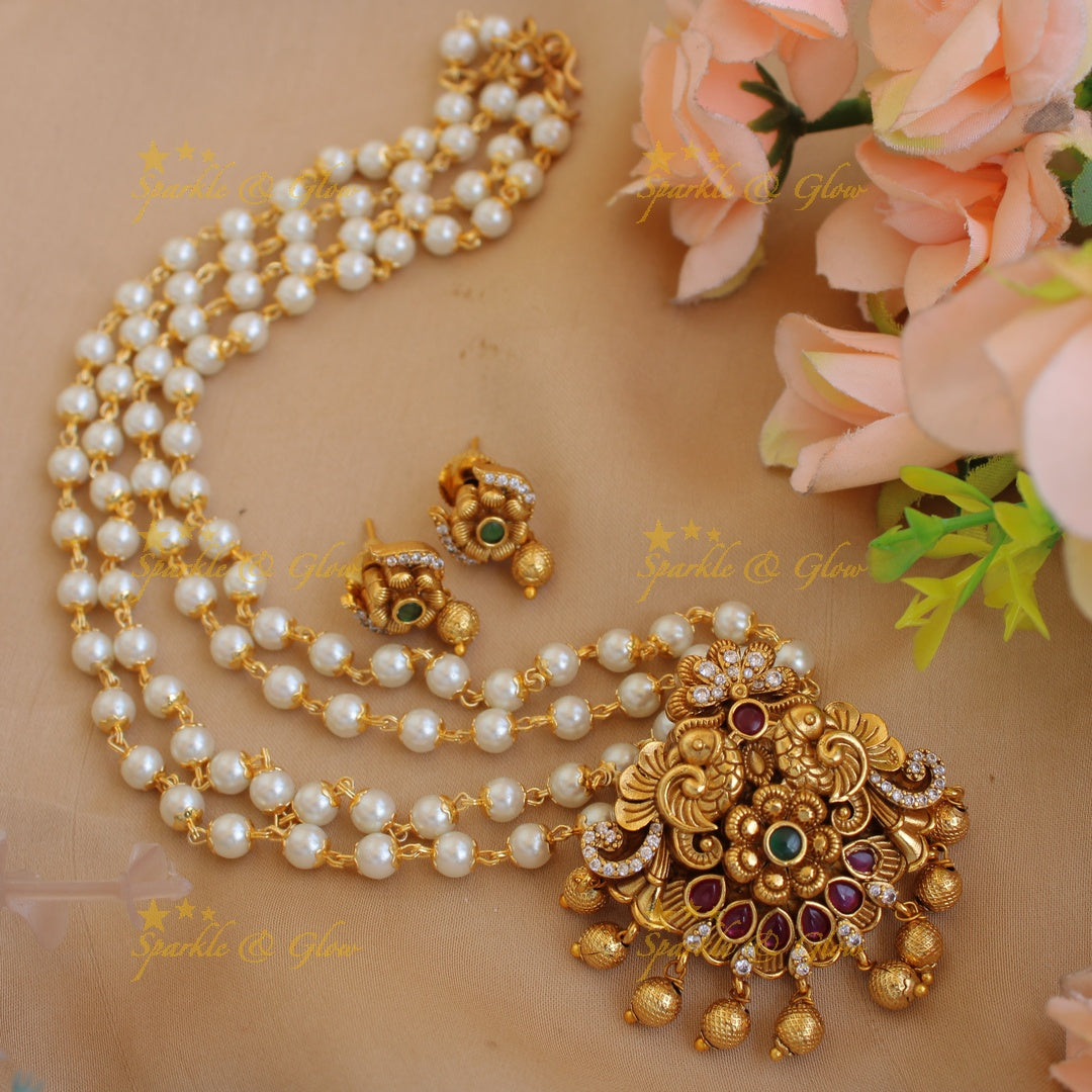 Elegant Peacock flower carved pendent with two layer pearl chain