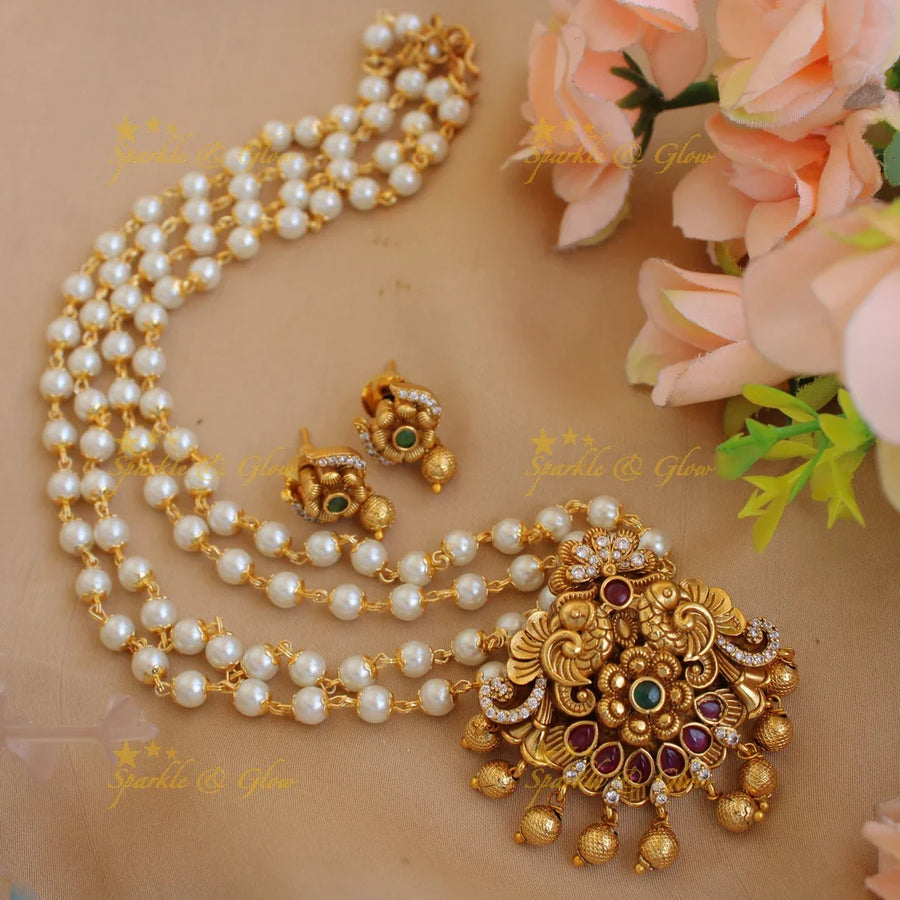 Elegant Peacock flower carved pendent with two layer pearl chain - Sparkle and Glow