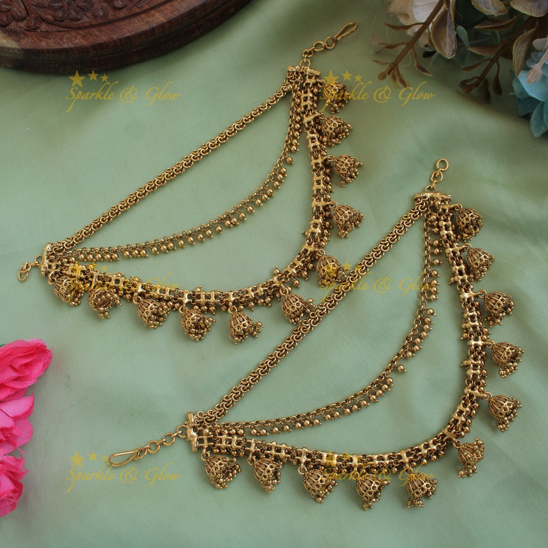 Exclusive Gold alike Jhumka dropping earchain with gold beads