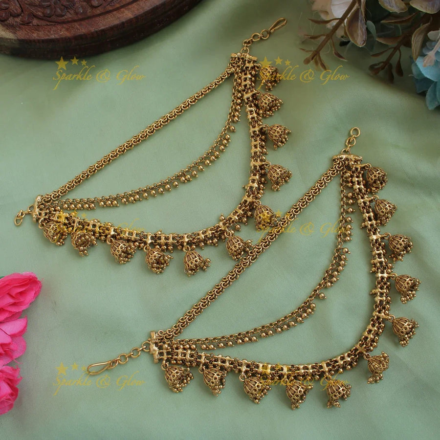 Exclusive Gold alike Jhumka dropping earchain with gold beads - Sparkle and Glow