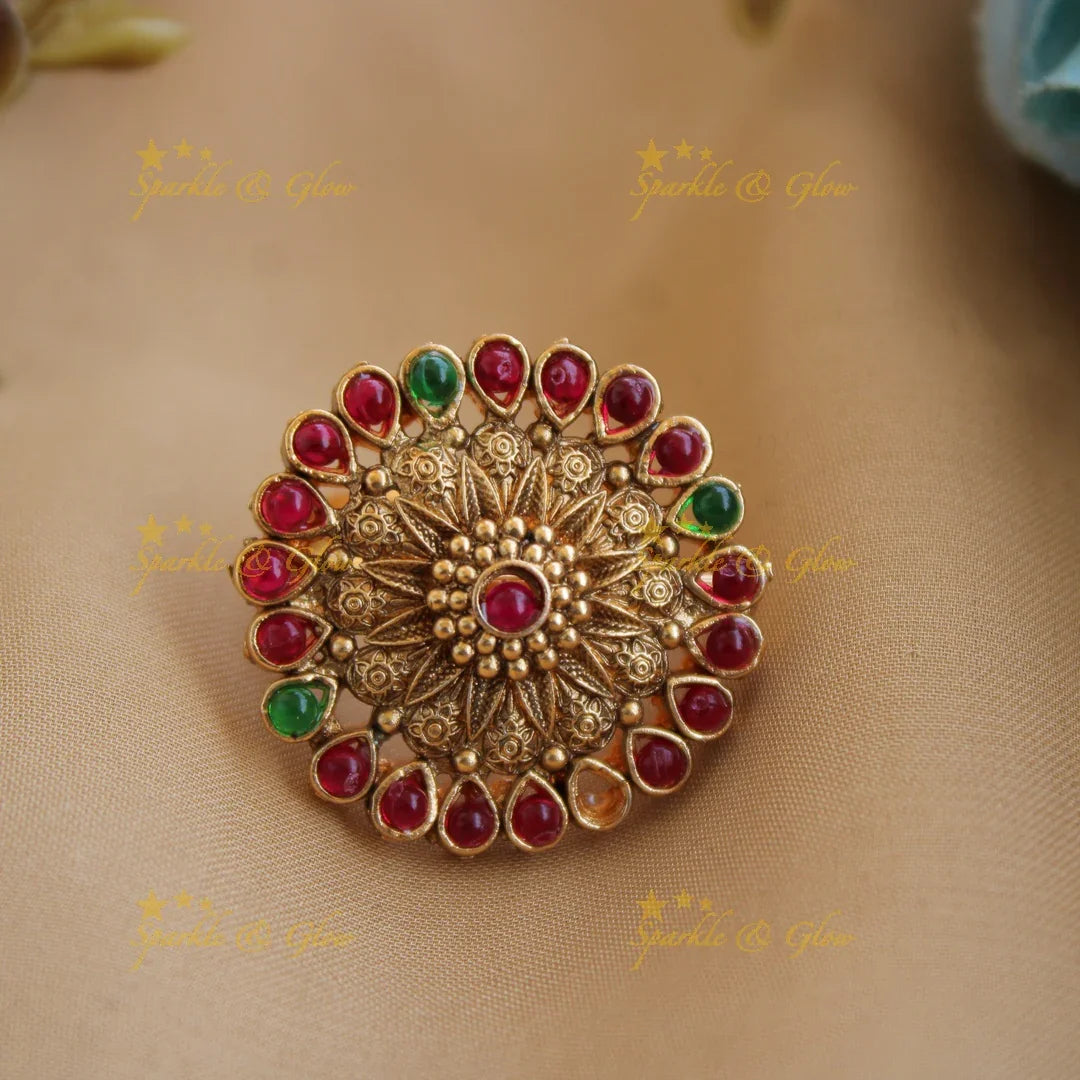 Elegant Flower carved finger ring , with multi colour stones - Sparkle and Glow