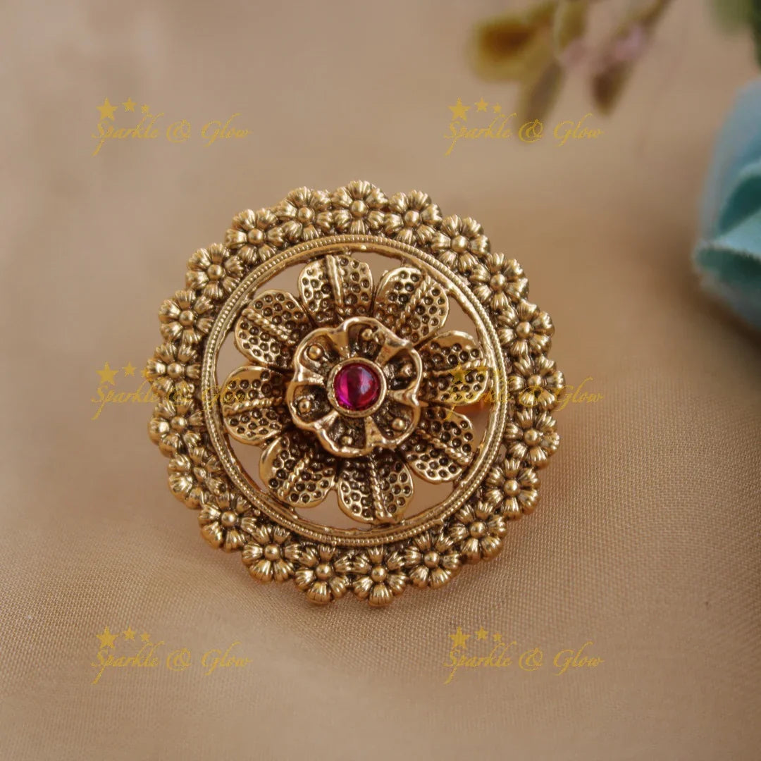 Gold alike Flower carved finger ring , with ruby - Sparkle and Glow