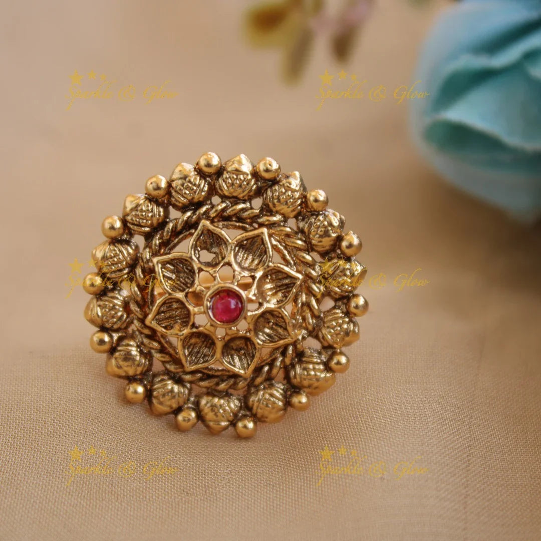 Gold alike Flower leaf carved finger ring , with ruby - Sparkle and Glow