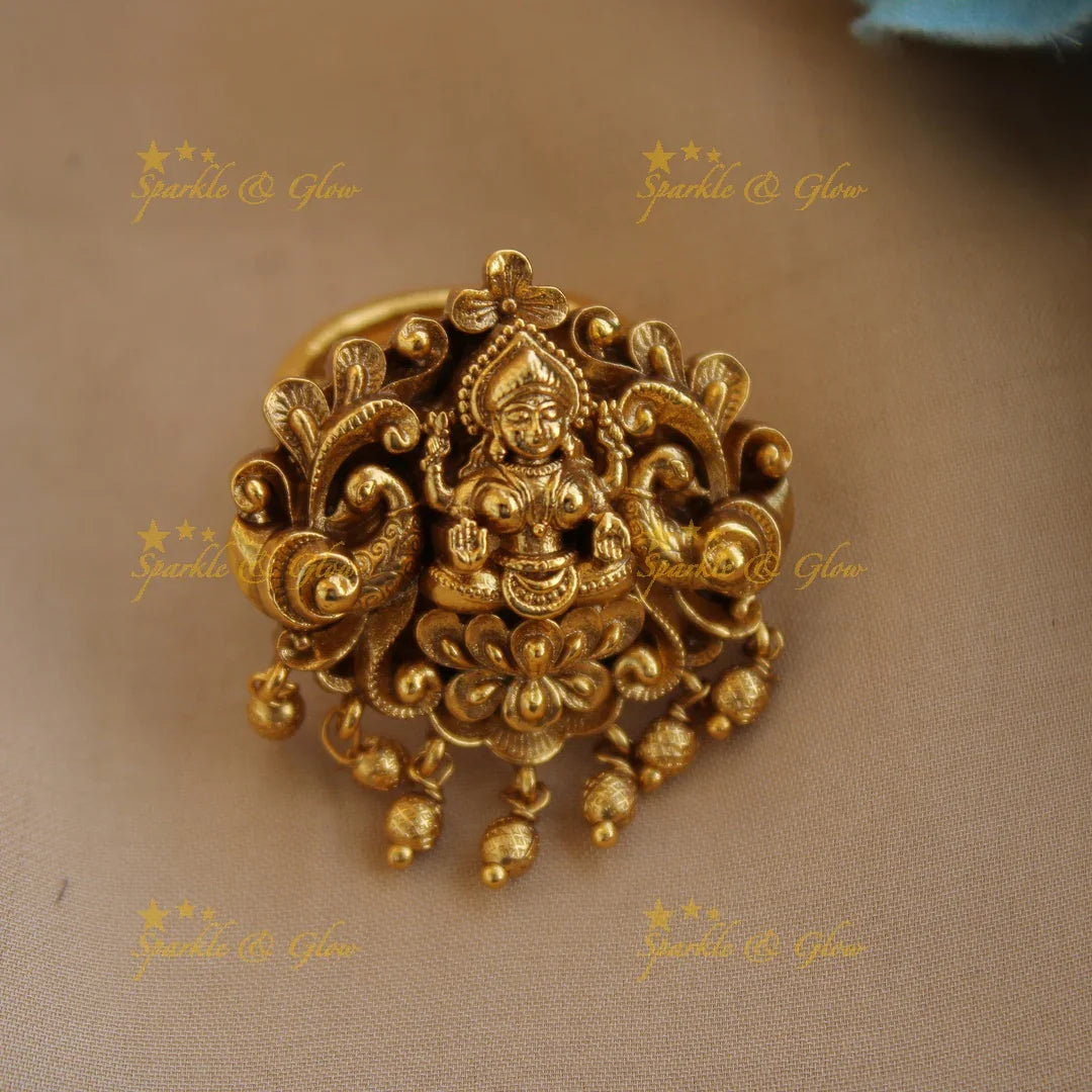 Gold alike Lakshmi peacock carved finger ring , with gold beads - Sparkle and Glow