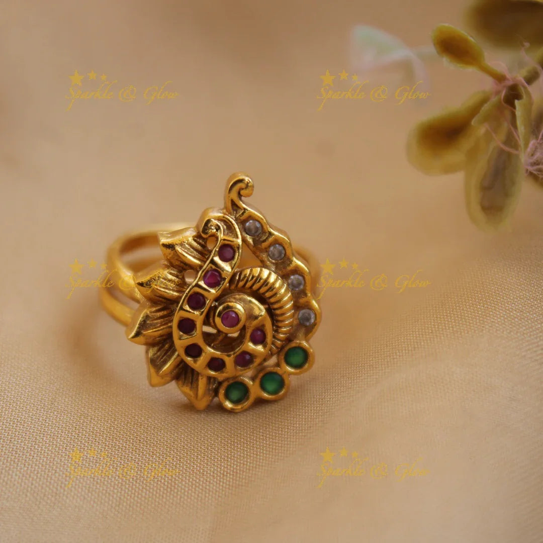Gold alike Peacokc carved finger ring , with ruby emerald - Sparkle and Glow