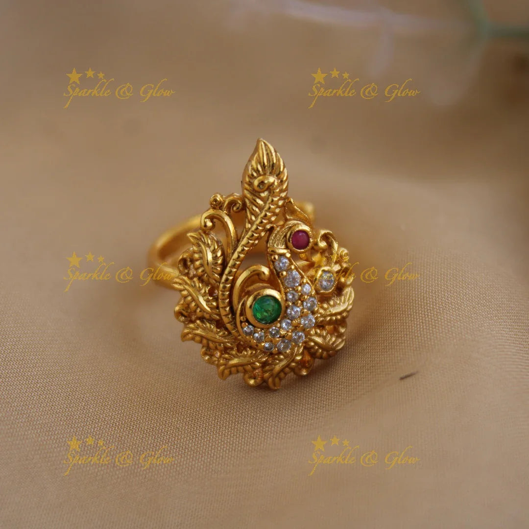 Gold alike Peacock design finger ring , with multi colour stones - Sparkle and Glow