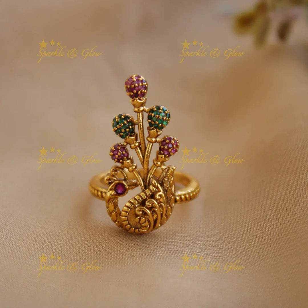 Elegant Peacock design finger ring , with ruby emerald cluster - Sparkle and Glow
