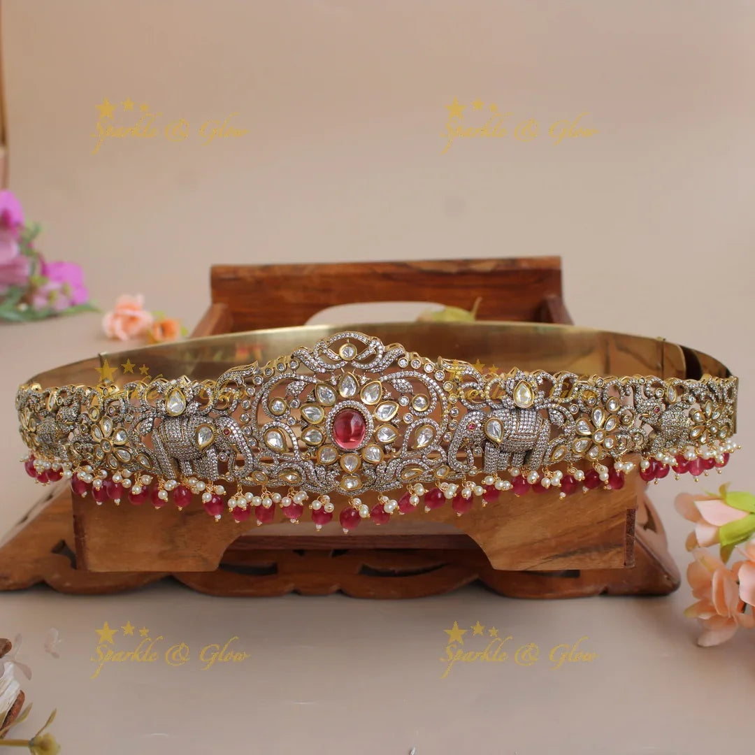 Gorgeous Elephant and floral design silver and gold finish victorian ad hipbelt with pearls and red beads - Sparkle and Glow