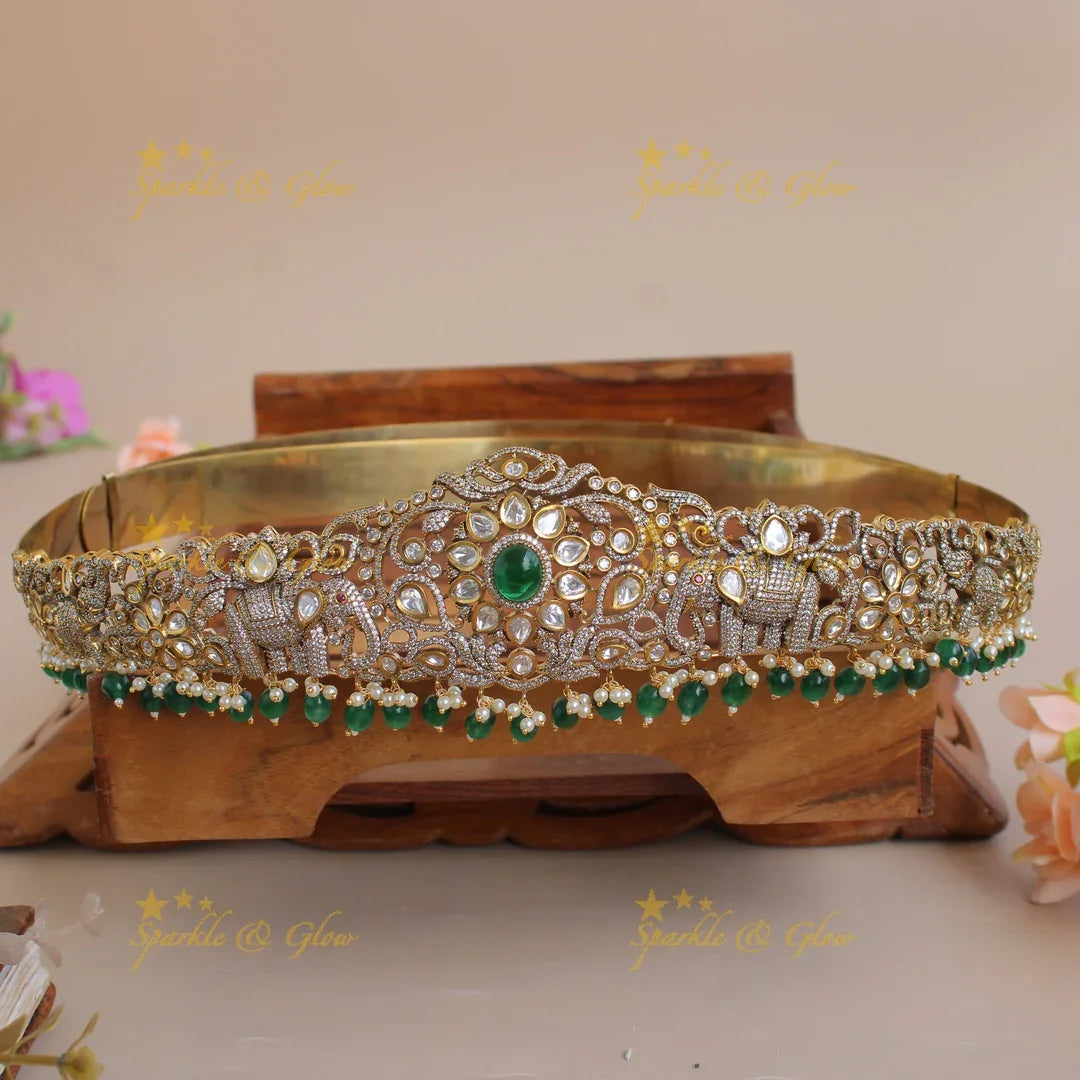 Gorgeous Elephant and floral design silver and gold finish victorian ad hipbelt with pearls and red beads - Sparkle and Glow