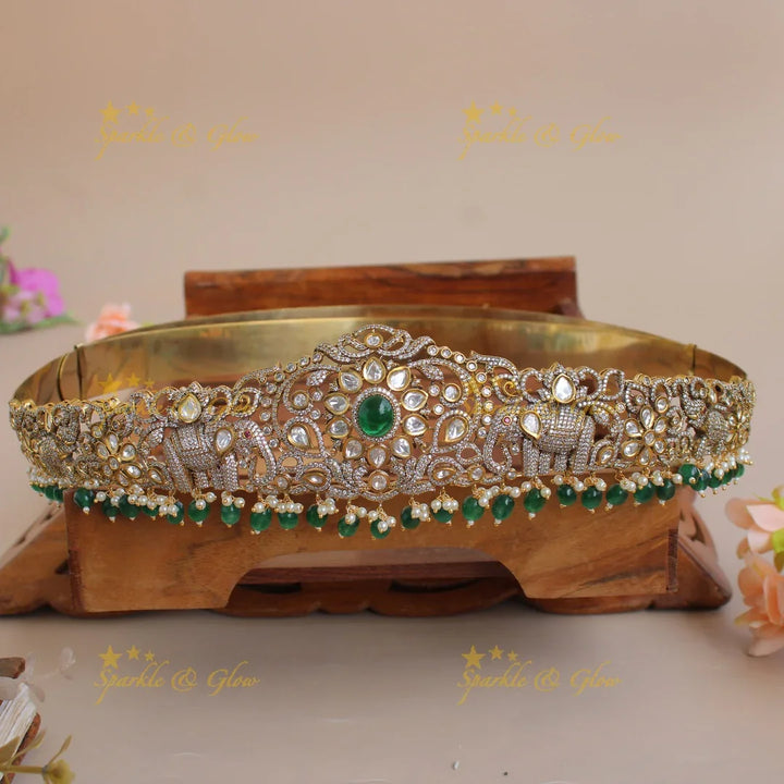 Gorgeous Elephant and floral design silver and gold finish victorian ad hipbelt with pearls and red beads - Sparkle and Glow