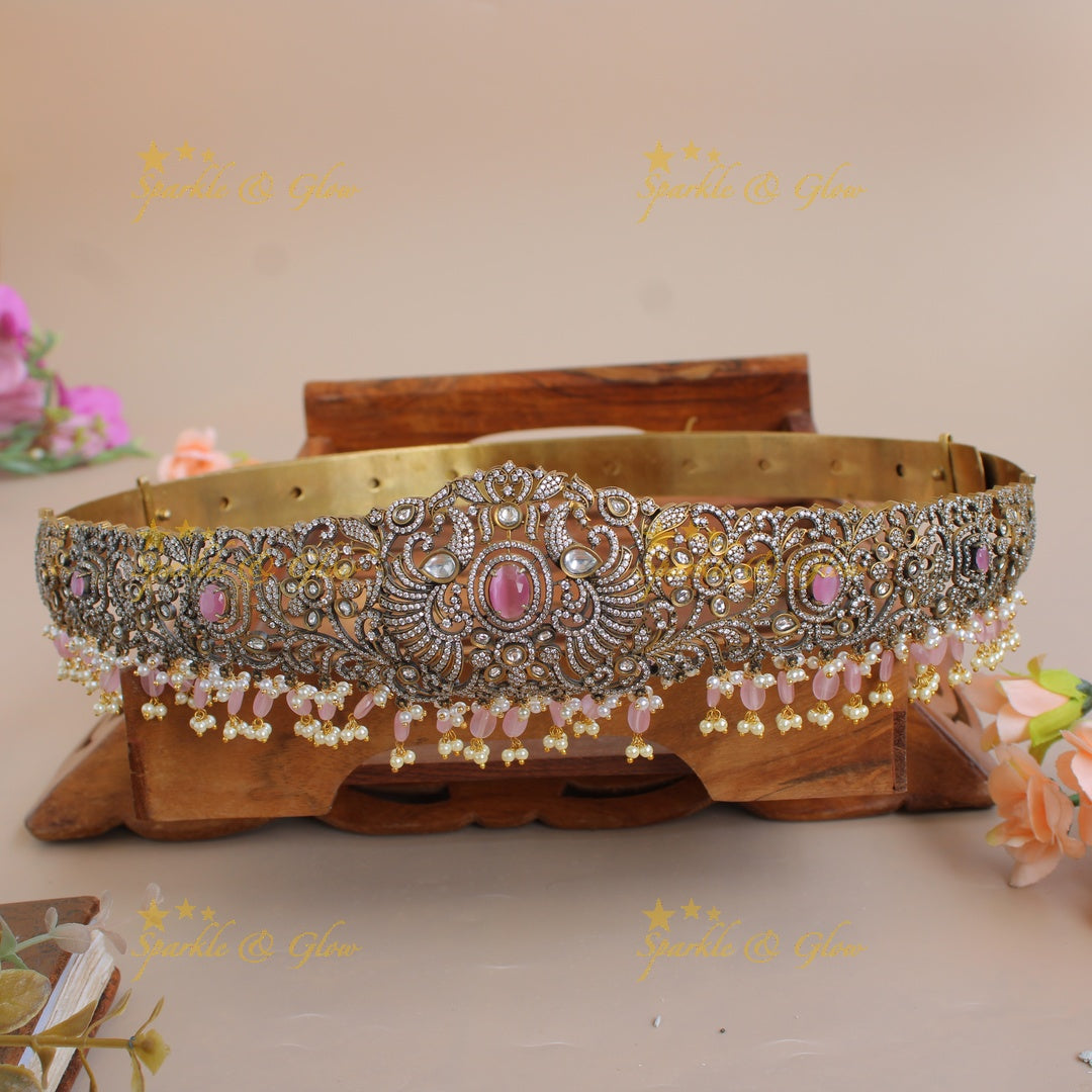 Beautiful Peacock floral design black finish victorian ad hipbelt with pearls and baby pink beads and stones