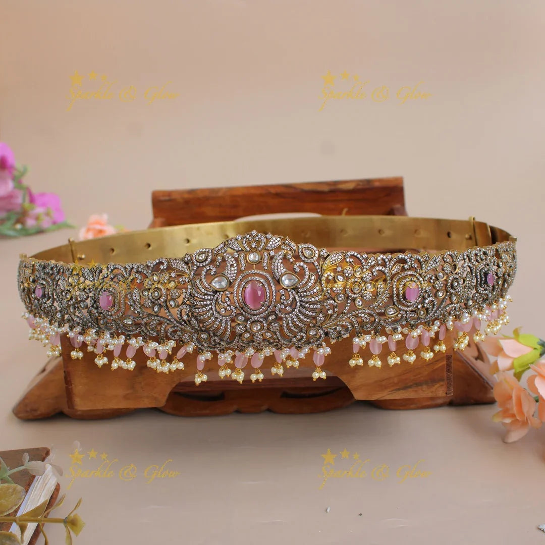 Beautiful Peacock floral design black finish victorian ad hipbelt with pearls and baby pink beads and stones - Sparkle and Glow
