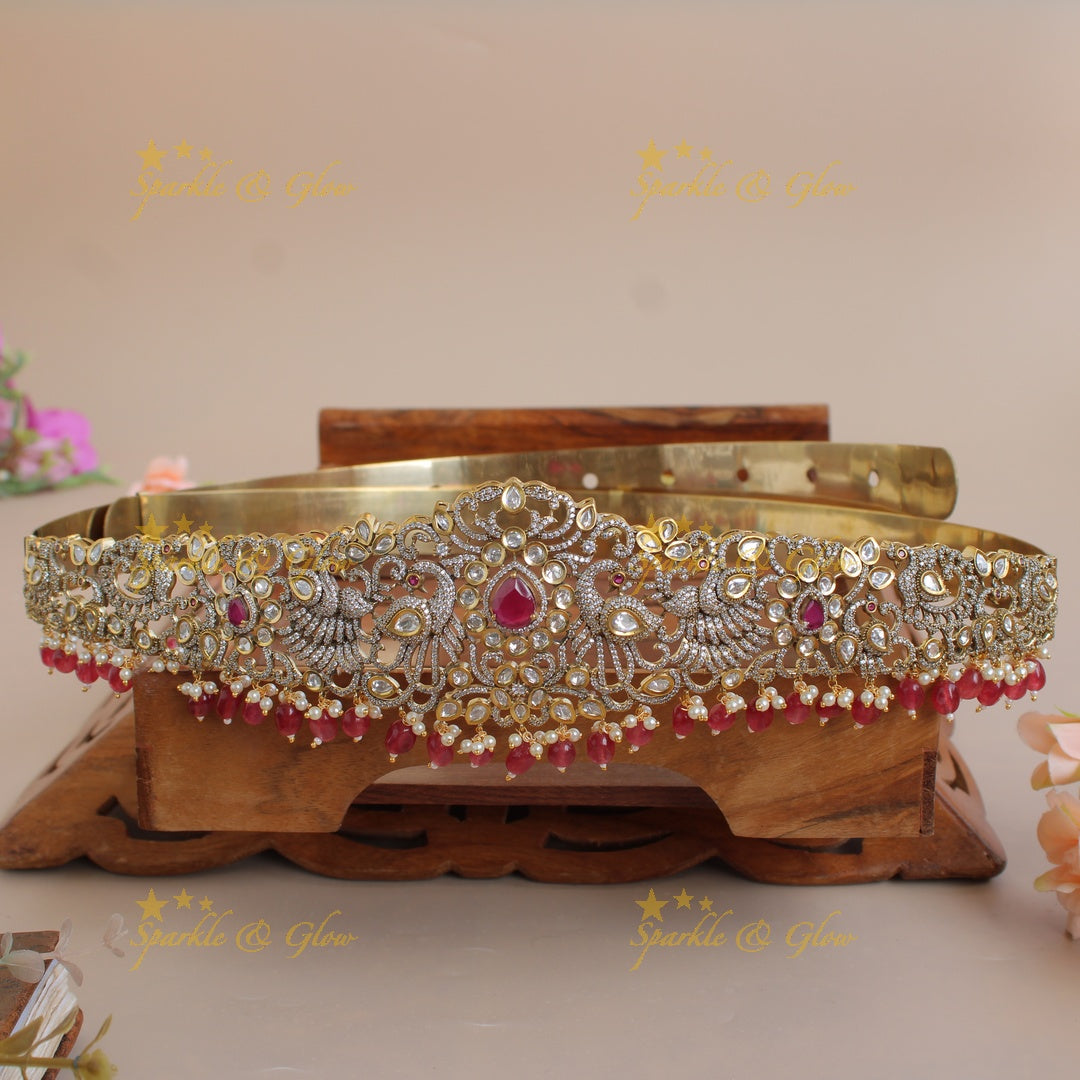 Statement Peacock and floral design silver and gold finish victorian ad hipbelt with pearls and red beads
