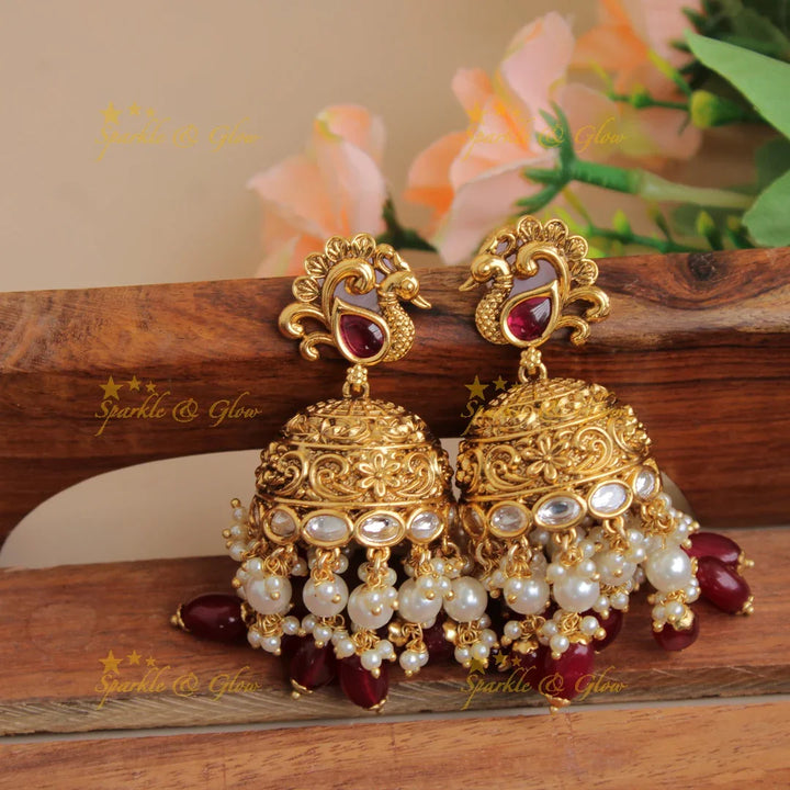 Statement Radha Krishna jadau pendent haram with multi layer pearl chain and maroon beads - Sparkle and Glow