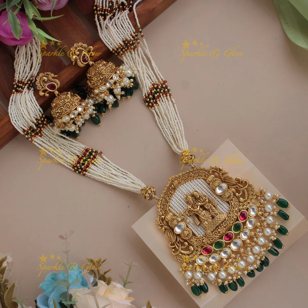 Statement Radha Krishna jadau pendent haram with multi layer pearl chain and maroon beads - Sparkle and Glow