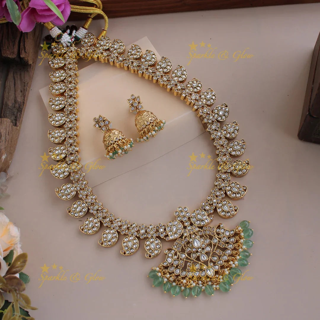 Gorgeous Mango floral jadau long necklace with pearls and mint green beads - Sparkle and Glow