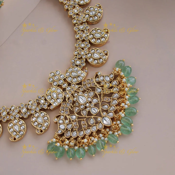 Gorgeous Mango floral jadau long necklace with pearls and mint green beads - Sparkle and Glow