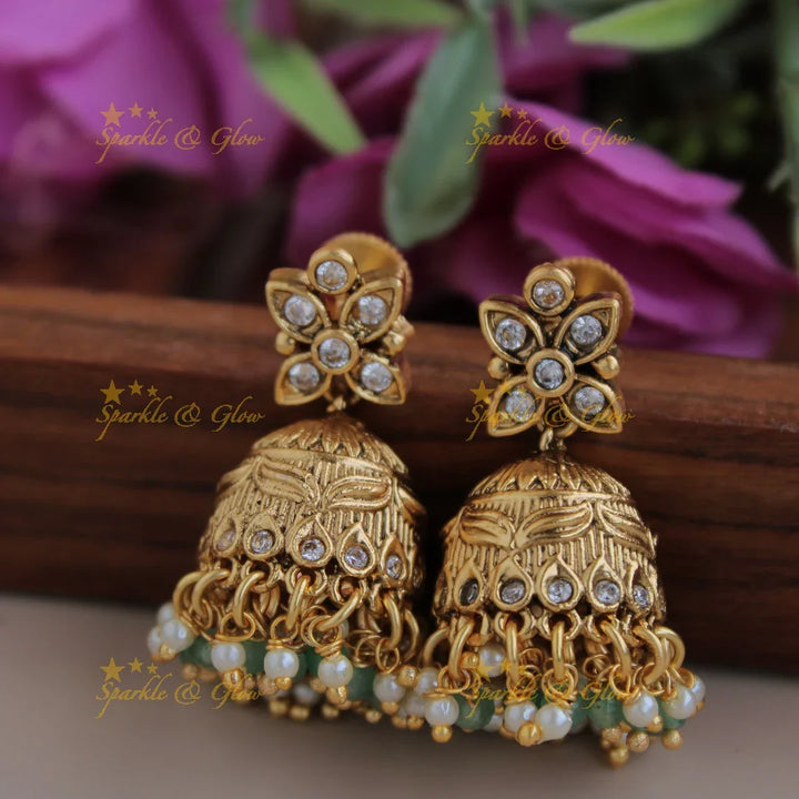 Gorgeous Mango floral jadau long necklace with pearls and mint green beads - Sparkle and Glow