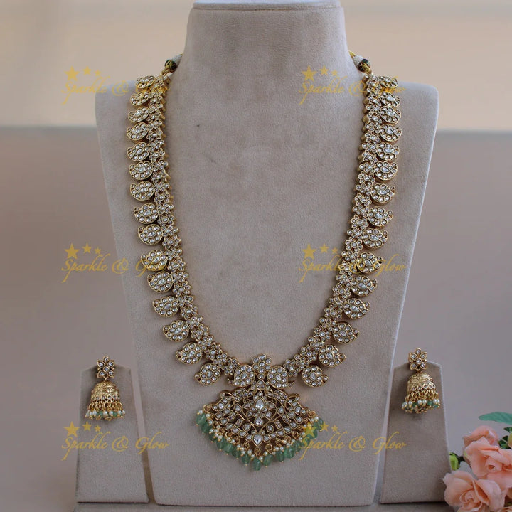 Gorgeous Mango floral jadau long necklace with pearls and mint green beads - Sparkle and Glow