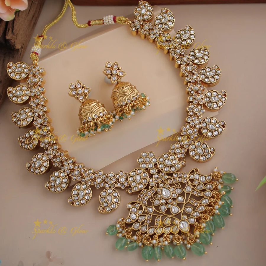 Gorgeous Mango floral jadau short necklace with pearls and mint green beads - Sparkle and Glow