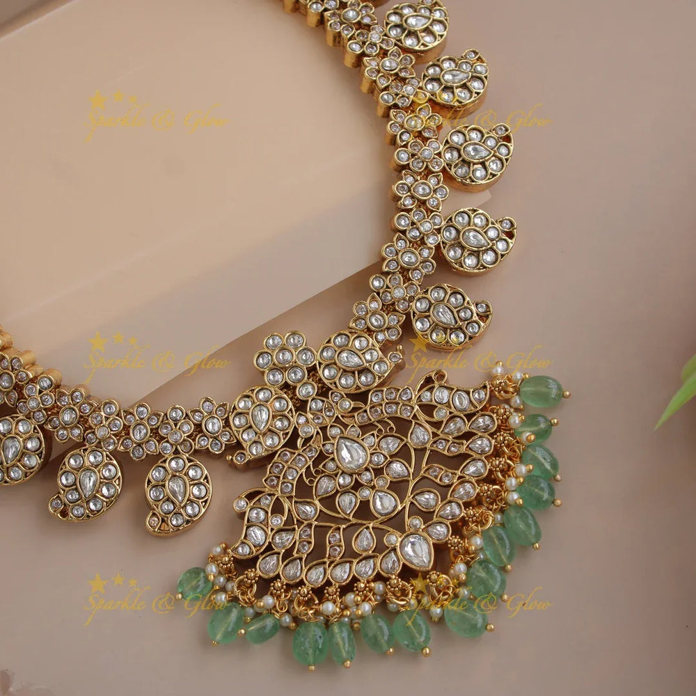 Gorgeous Mango floral jadau short necklace with pearls and mint green beads - Sparkle and Glow