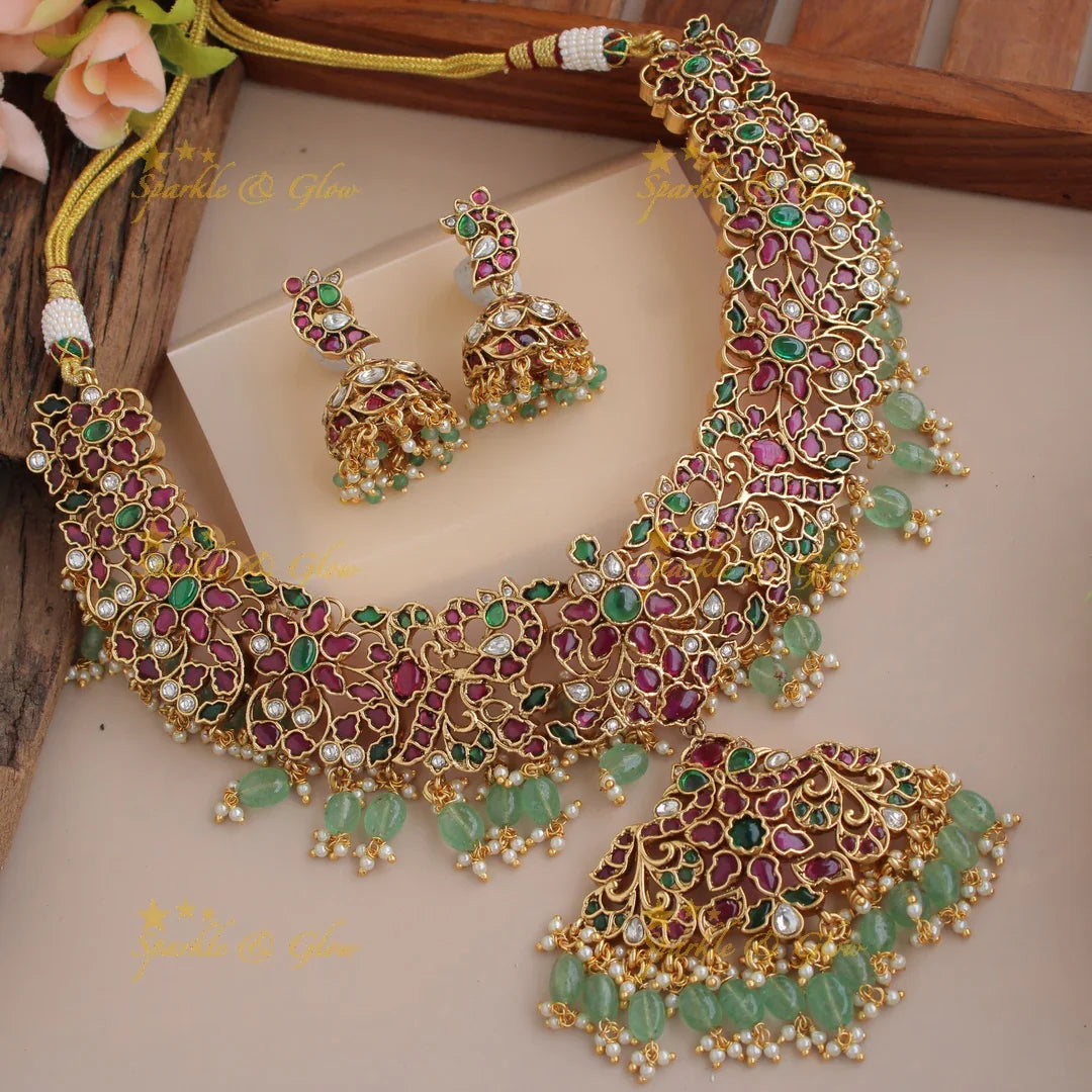 Grand intricate Floral peacock kemp stone short necklace with pearls and mint green beads - Sparkle and Glow