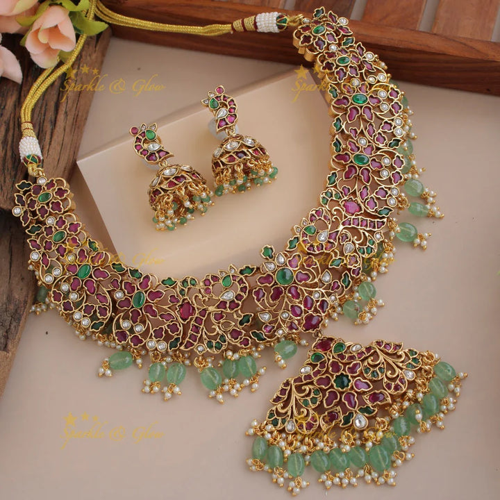 Grand intricate Floral peacock kemp stone short necklace with pearls and mint green beads - Sparkle and Glow