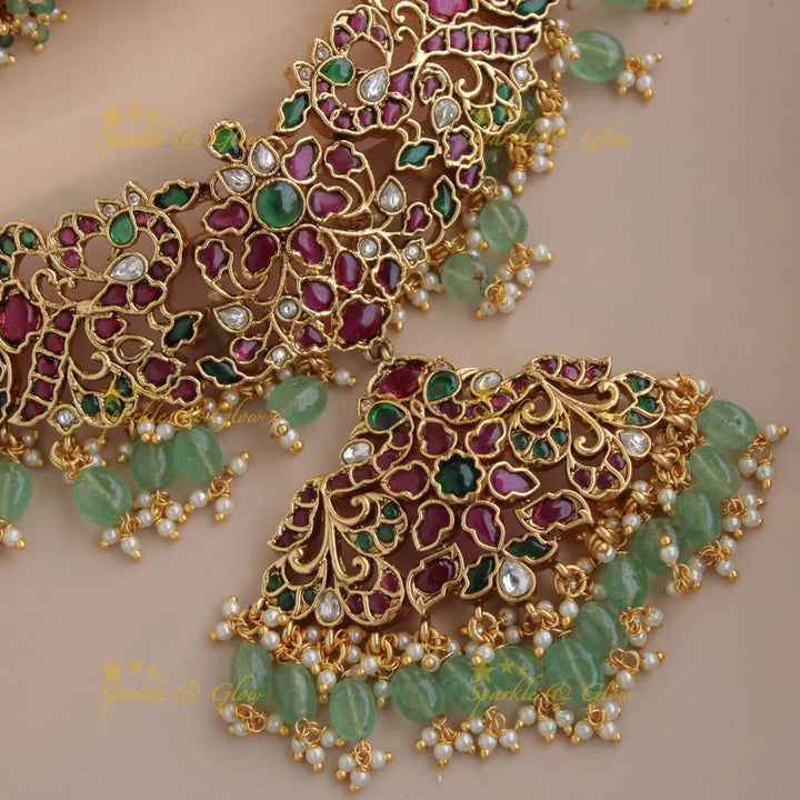 Grand intricate Floral peacock kemp stone short necklace with pearls and mint green beads - Sparkle and Glow