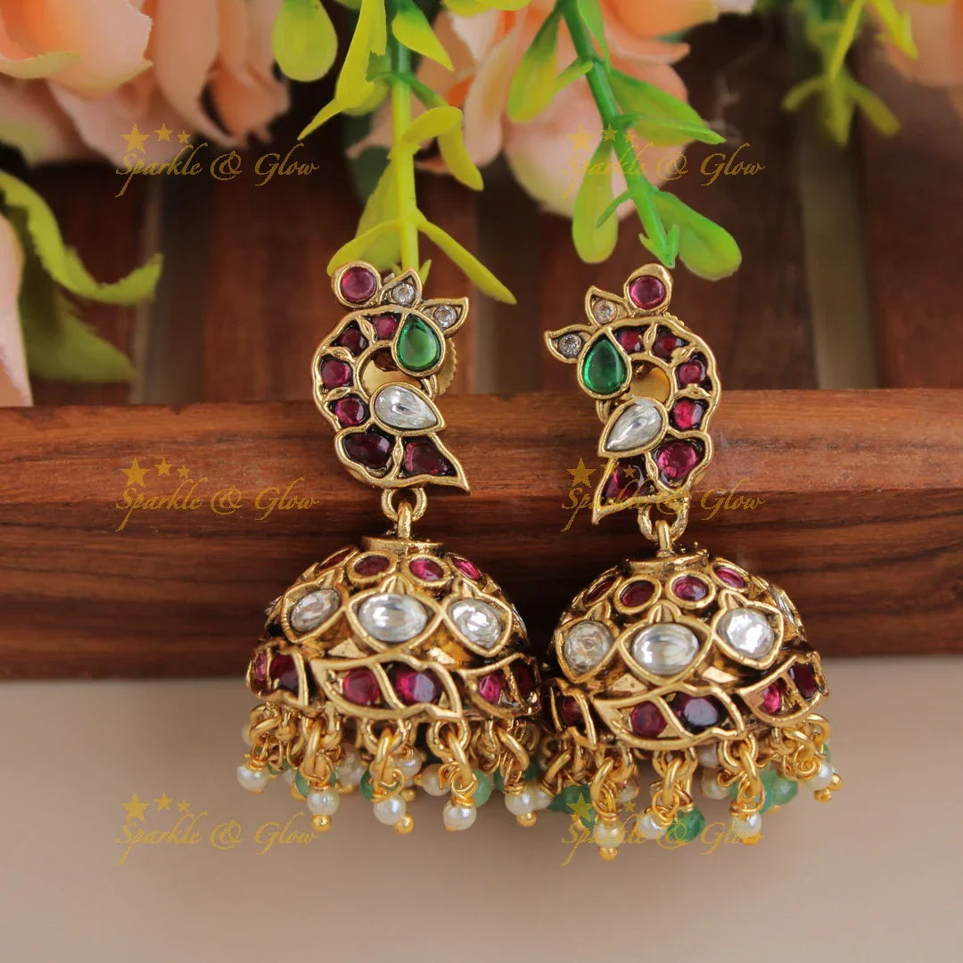 Grand intricate Floral peacock kemp stone short necklace with pearls and mint green beads - Sparkle and Glow