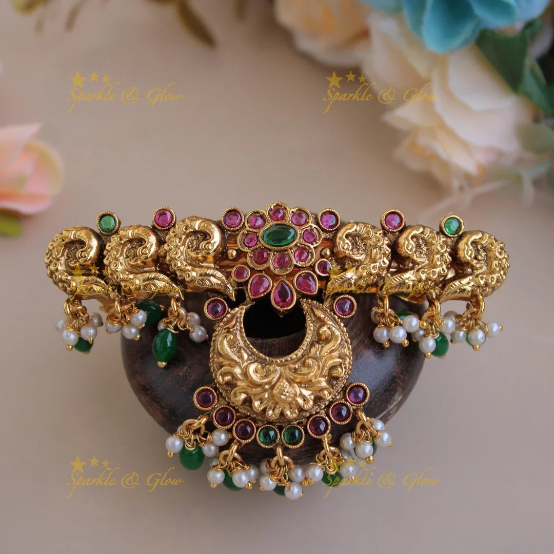 Beautiful Gold alike Peacock Hair Clip with Green Beads - Sparkle and Glow