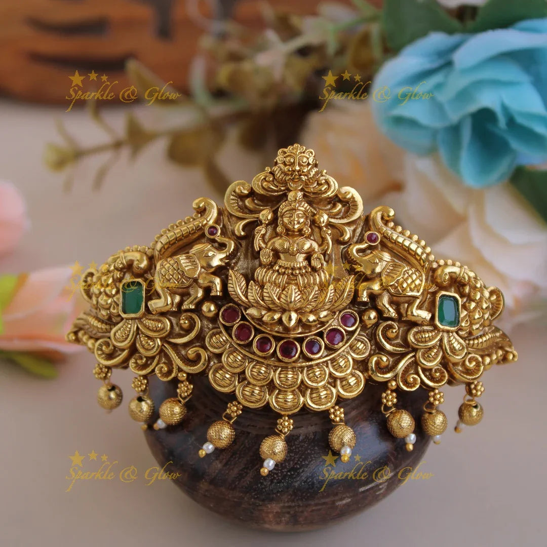 Elegant Gold alike lakshmi with elephant Hair Clip with Gold Beads - Sparkle and Glow