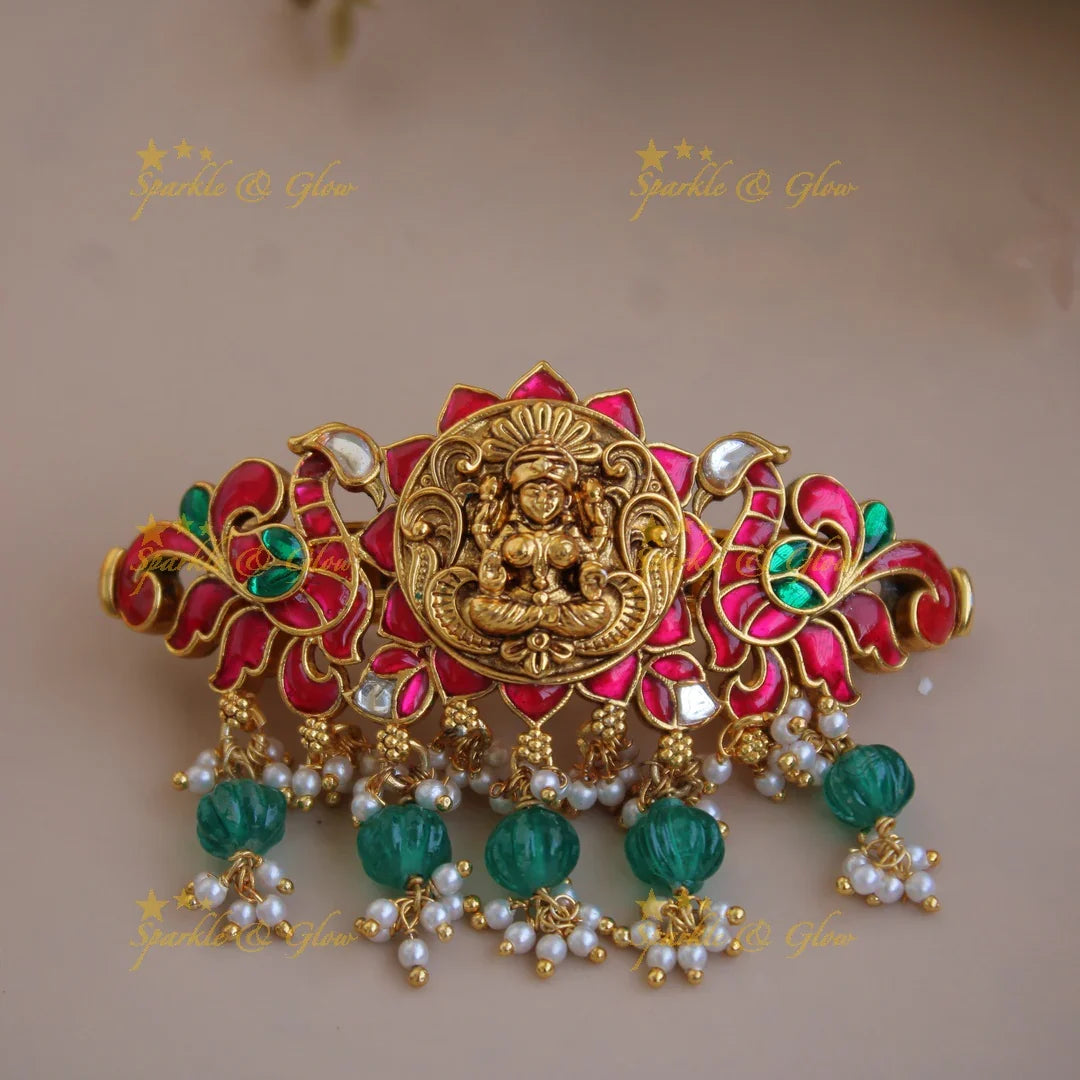 Gold alike Jadau Lakshmi Peacock with Green Beads Hair Clip - Sparkle and Glow