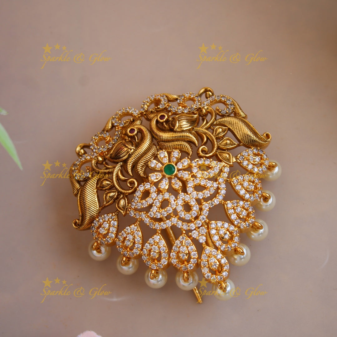 Elegant Gold alike Peacock With AD Stone hair pin with pearl drops