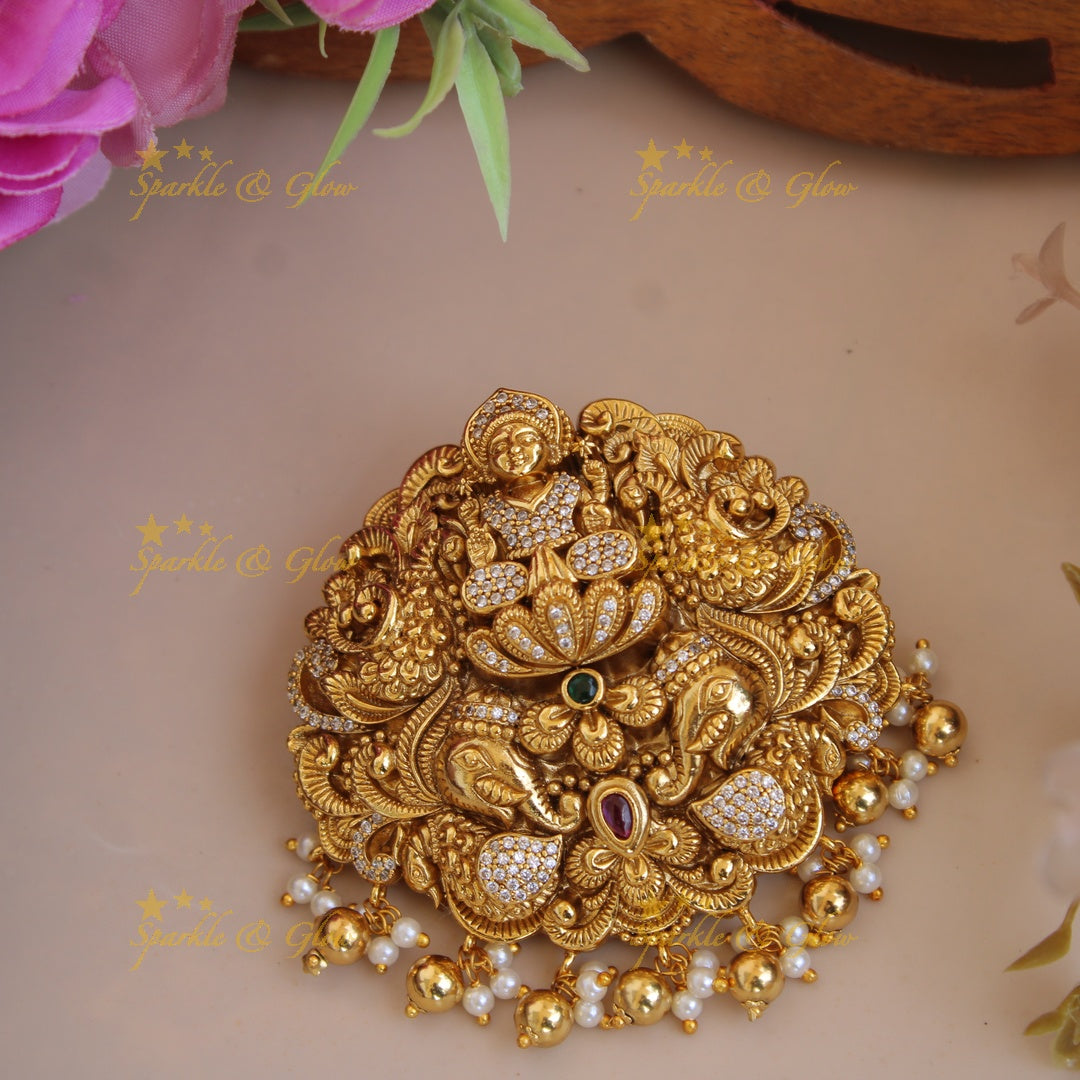 Elegant Gold alike Lakshmi peacock With AD Stones and gold beads Hair pin
