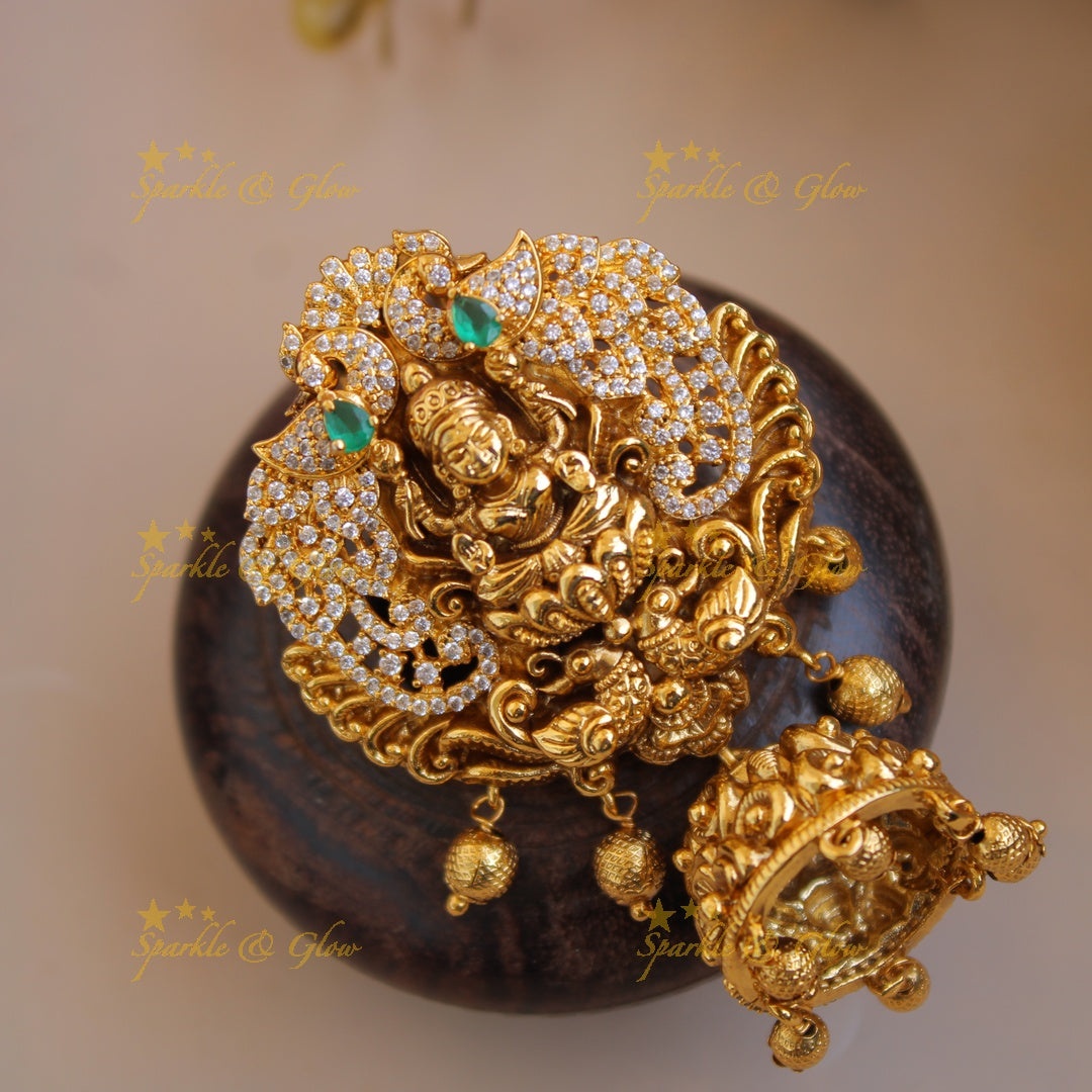 Exclusive Gold alike Lakshmi peacock With AD Stones and gold beads Hair pin