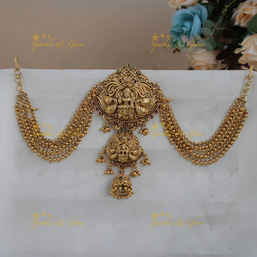 Elegant Lakshmi with Peacock carved gold alike Jada billa with gold maatil - Sparkle and Glow