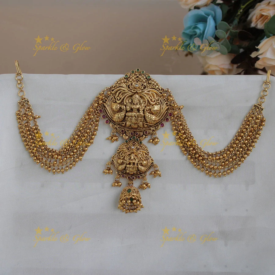 Elegant Lakshmi with Peacock carved gold alike Jada billa with gold maatil - Sparkle and Glow