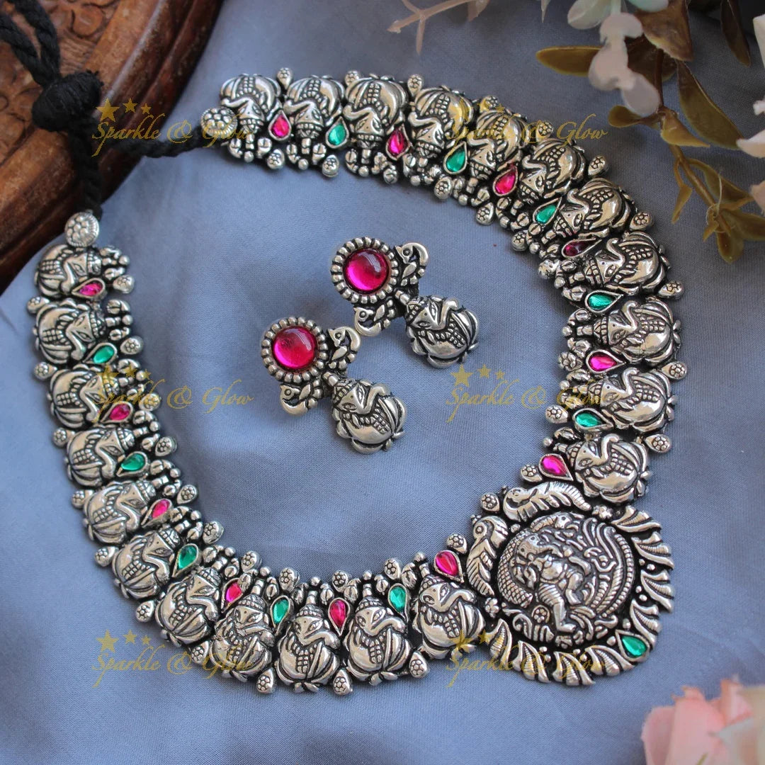 Stunning Kohlapuri oxidised Ganesha peacock carved silver short necklace - Sparkle and Glow